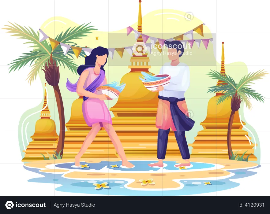 Una pareja celebra el festival Songkran salpicando agua  Ilustración