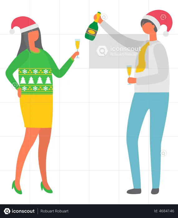 Pareja celebrando la Navidad mientras bebe champán  Ilustración