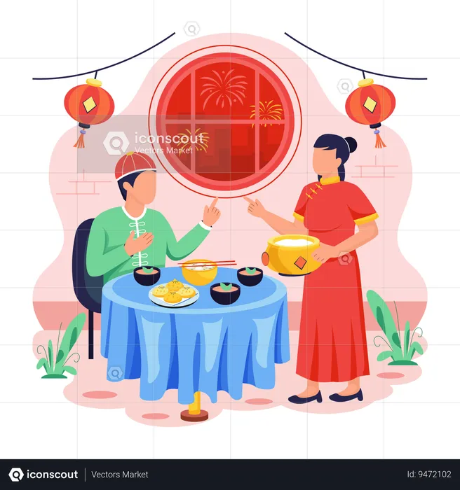 Pareja china disfrutando de la cena de Año Nuevo  Ilustración