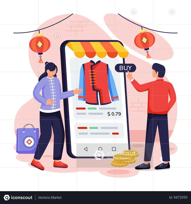 Pareja china haciendo compras móviles  Ilustración