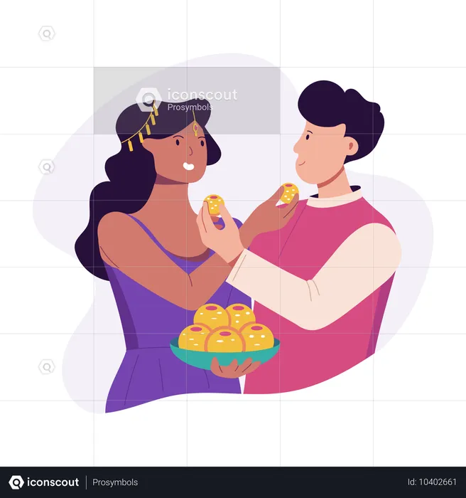 Pareja comiendo dulces de Diwali y deseándose mutuamente  Ilustración