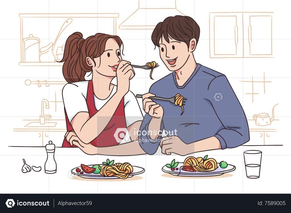 Pareja comiendo fideos juntos  Ilustración