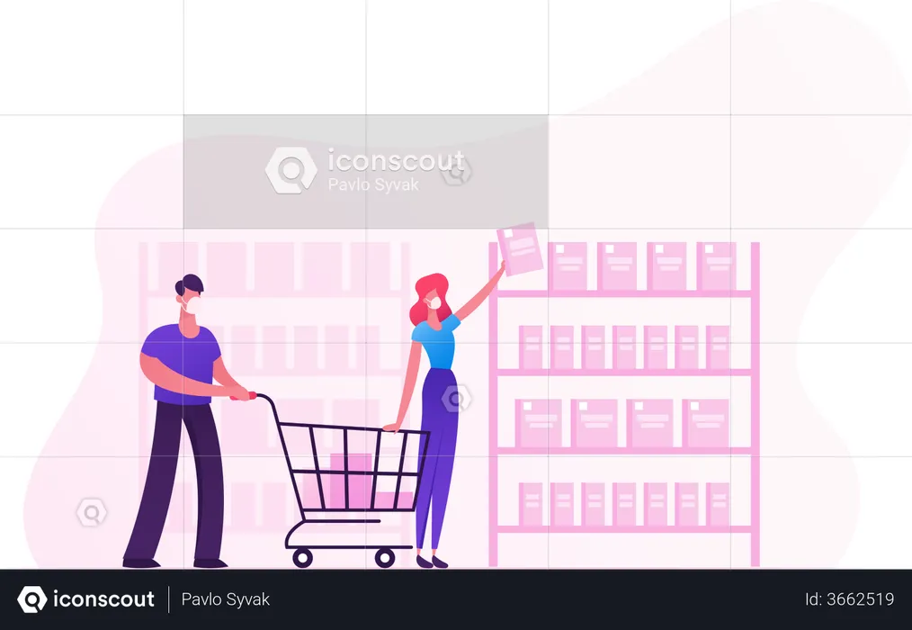 Pareja comprando comida durante la pandemia de Covid19 en el supermercado  Ilustración