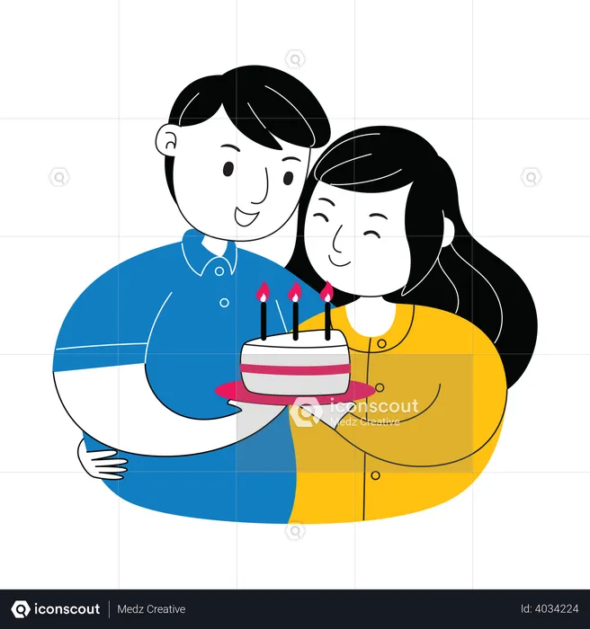 Pareja con pastel de San Valentín  Ilustración