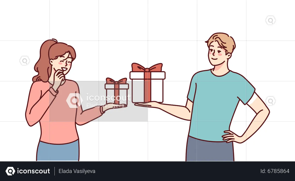 Pareja dándose regalos unos a otros  Ilustración