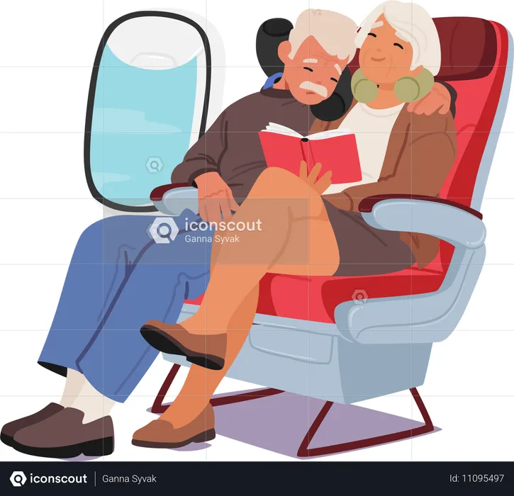 Una pareja de ancianos acurrucados juntos en un avión  Ilustración