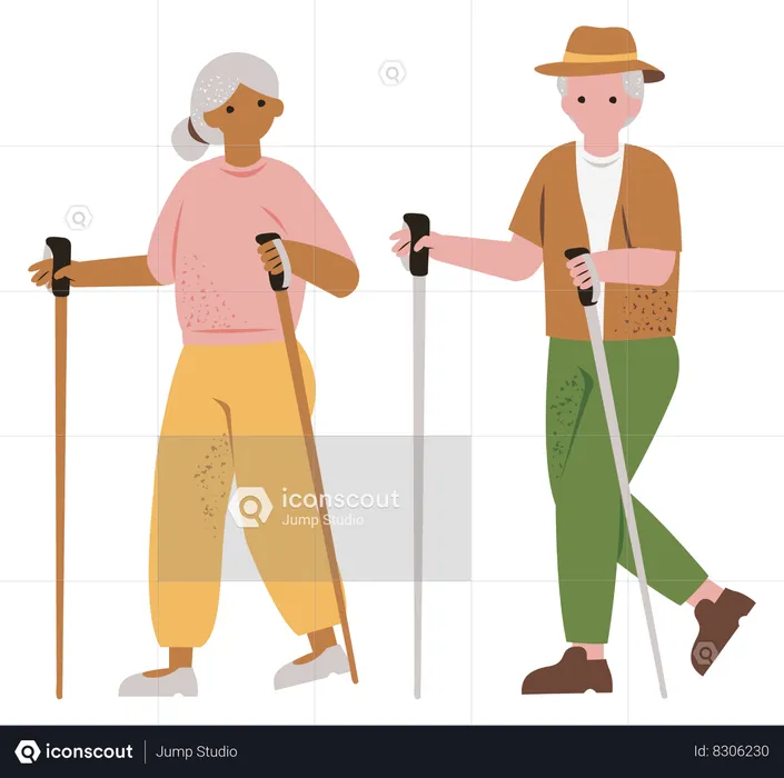 Pareja de ancianos caminando con bastón  Ilustración