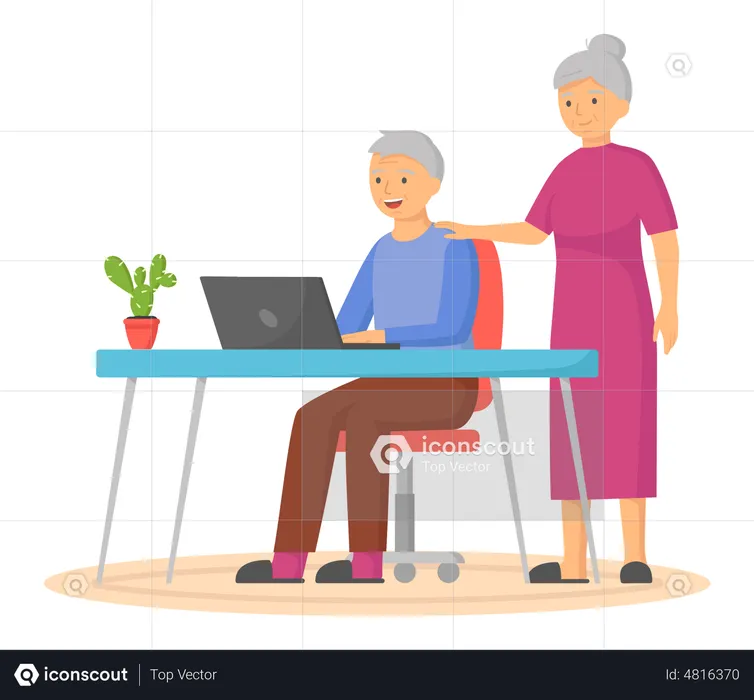 Pareja de ancianos comunicándose en línea  Ilustración