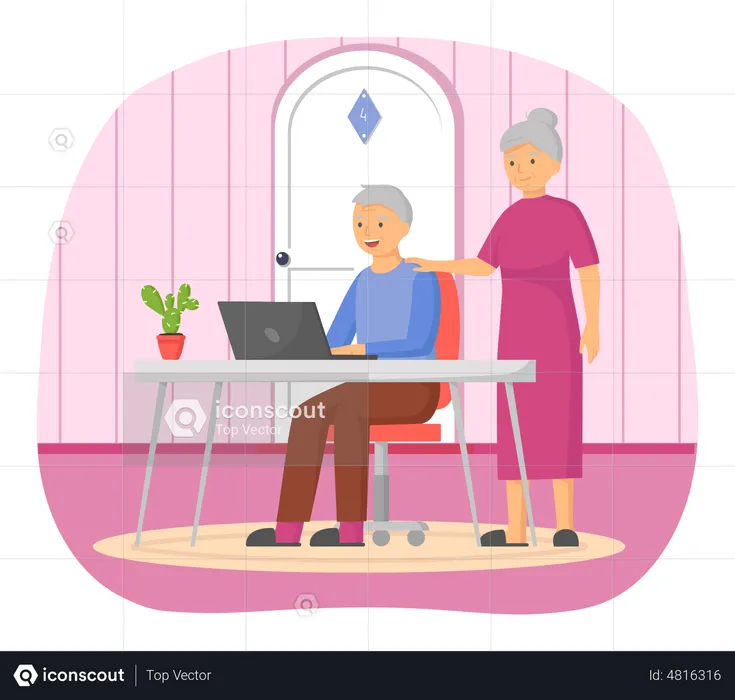 Pareja de ancianos hablando a través de una computadora portátil  Ilustración