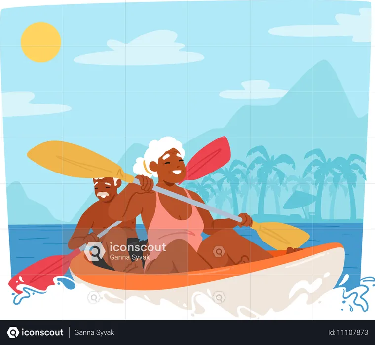 Pareja de ancianos haciendo kayak juntos en el mar  Ilustración