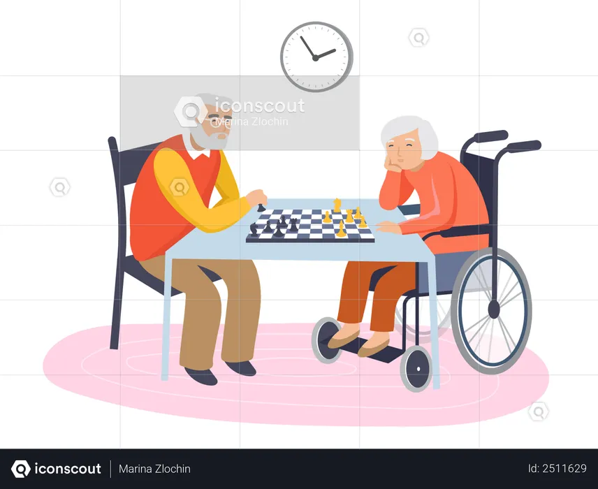 Pareja de ancianos jugando al ajedrez  Ilustración