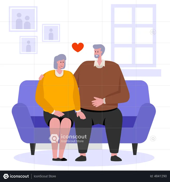 Pareja de ancianos sentados juntos en el sofá  Ilustración