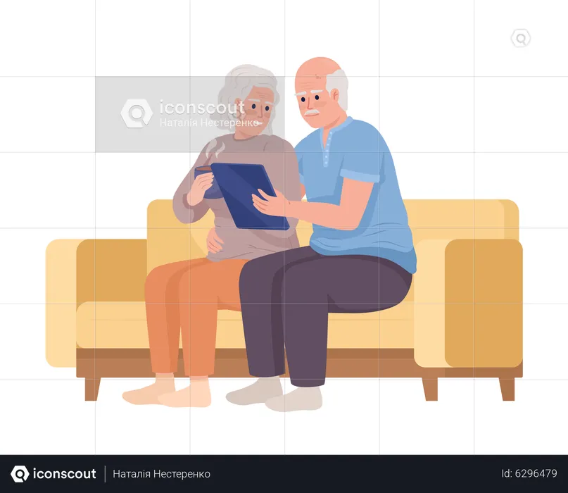 Pareja de ancianos usando tableta juntos  Ilustración