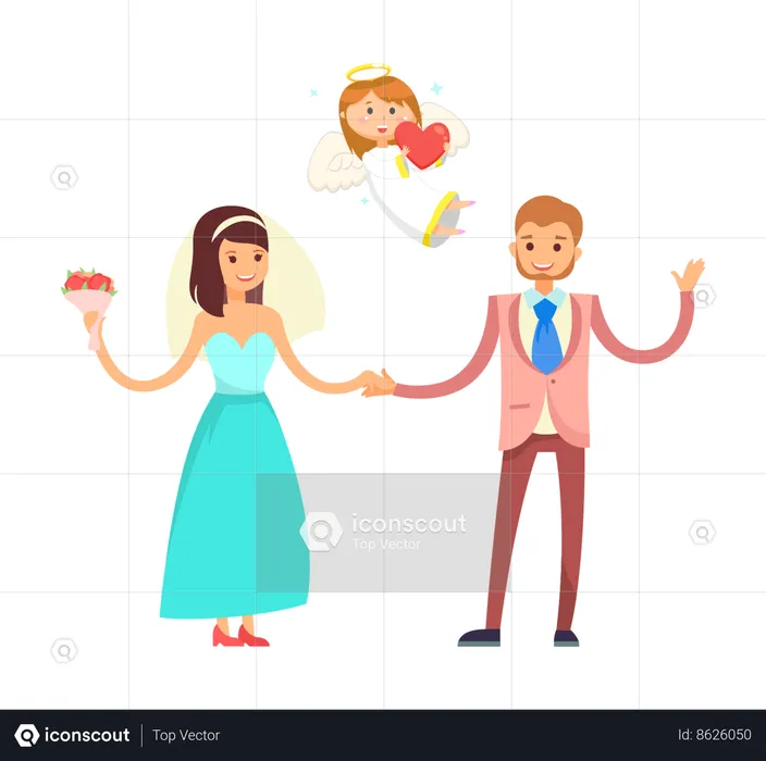 Pareja de novios y lindo ángel  Ilustración