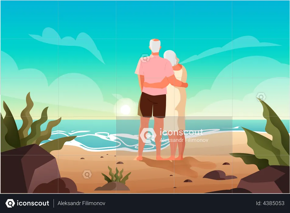 Pareja de ancianos en la playa  Ilustración