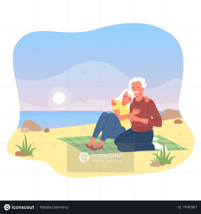 Pareja de ancianos haciendo picnic  Ilustración