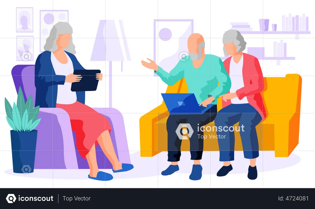 Pareja de ancianos usando laptop  Ilustración