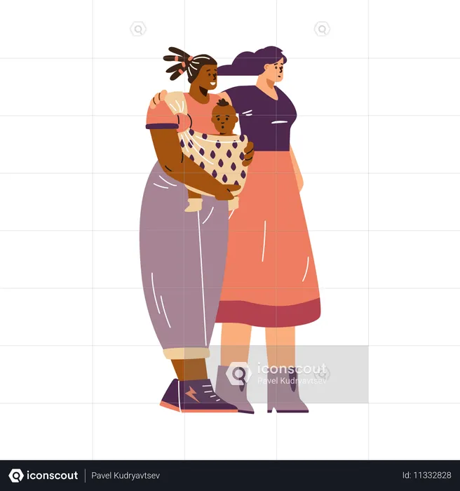 Pareja de mujeres con bebé en portabebé  Ilustración