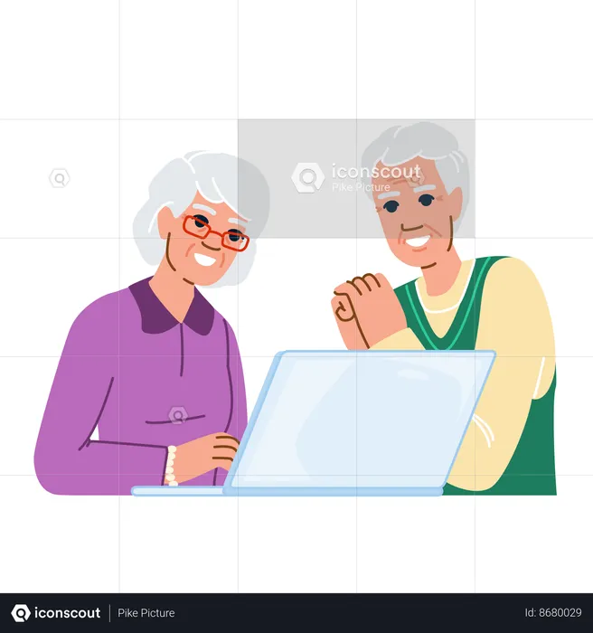 Pareja de personas mayores usando laptop  Ilustración