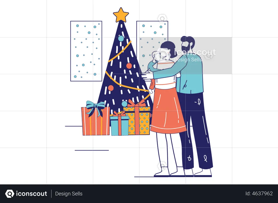 Pareja de pie cerca del árbol de Navidad  Ilustración