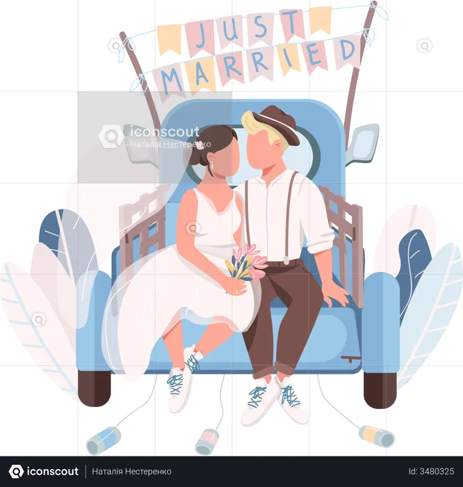 Pareja de recién casados en coche  Ilustración