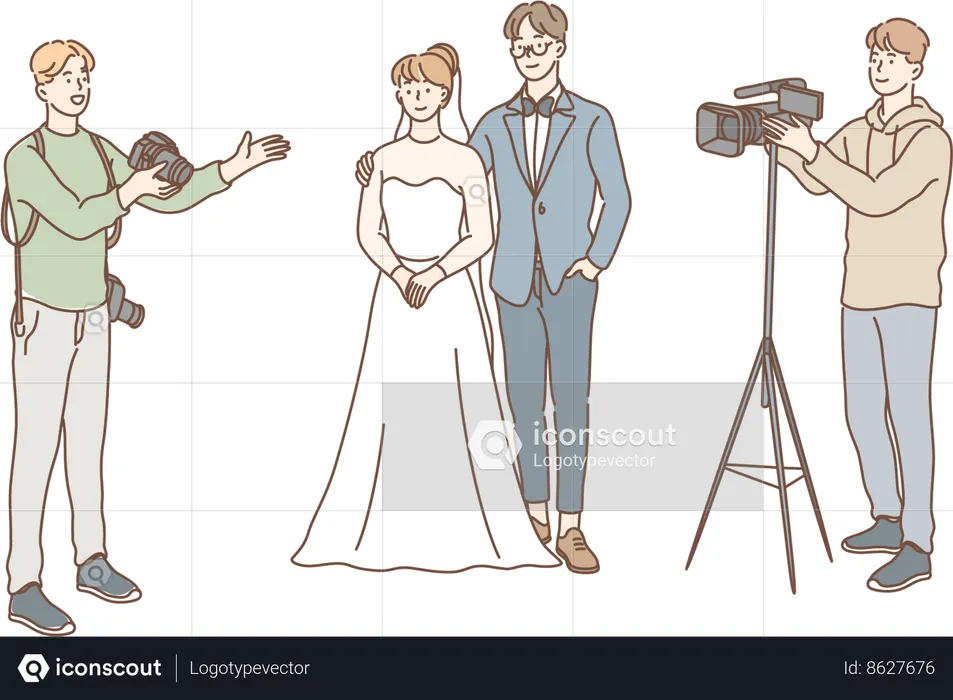 La pareja de recién casados está haciendo una sesión de fotos  Ilustración