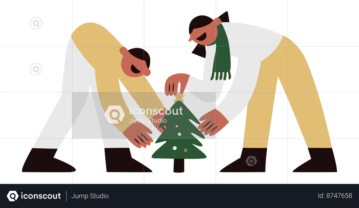 Pareja decorando el árbol de navidad  Ilustración