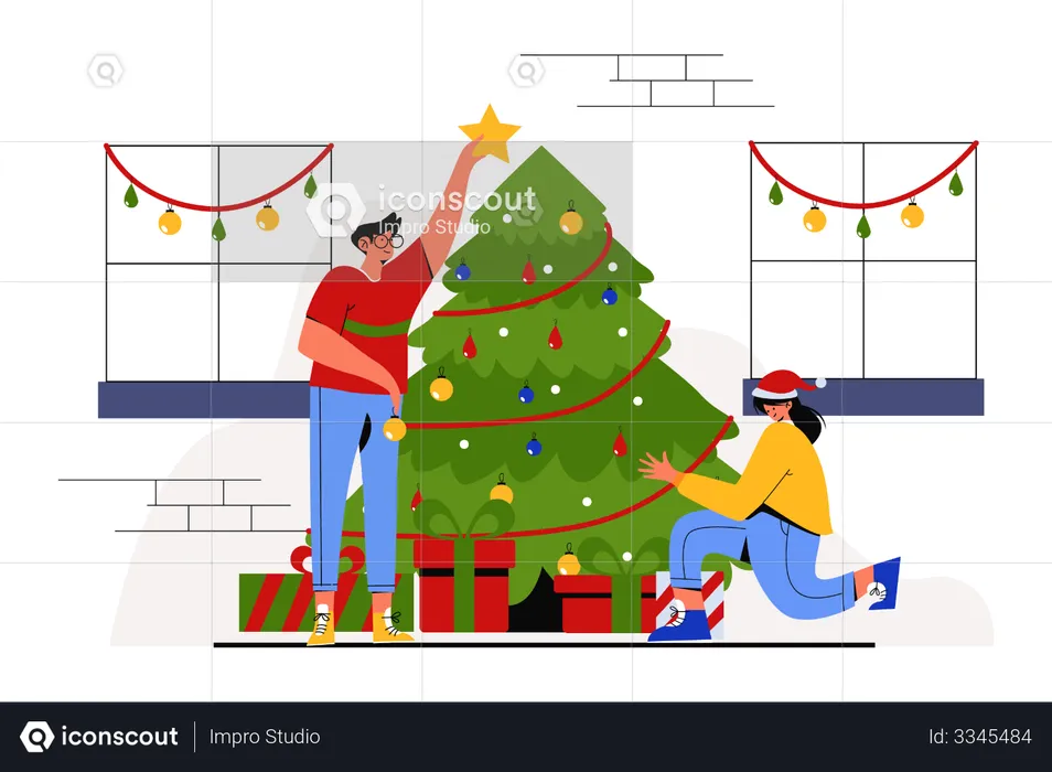 Pareja decorando el árbol de navidad  Ilustración