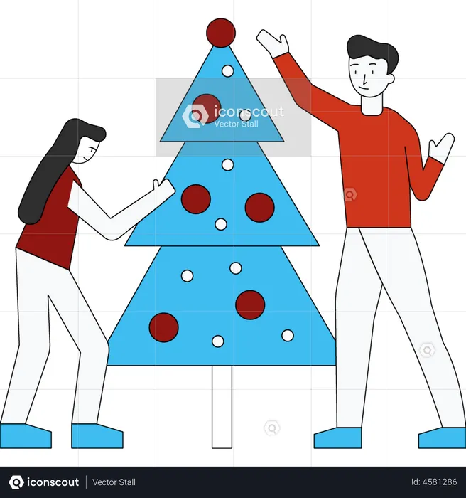 Pareja decorando el árbol de navidad  Ilustración