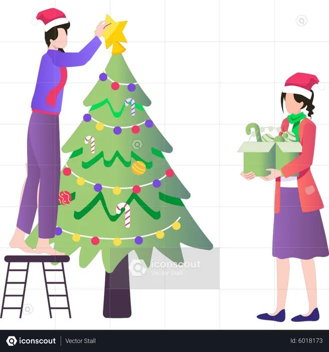 Pareja decorando el árbol de navidad  Ilustración