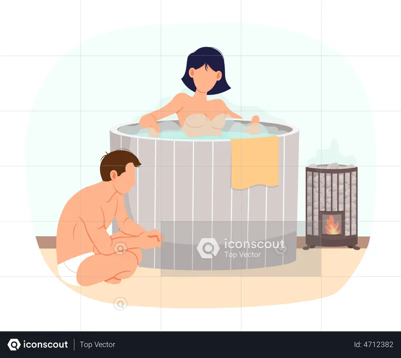 Pareja descansando juntos en la sauna  Ilustración