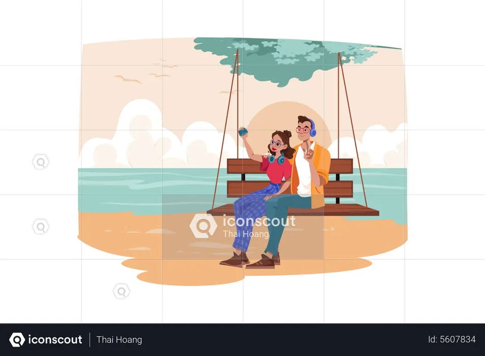 Pareja disfruta de la vida en la playa  Ilustración