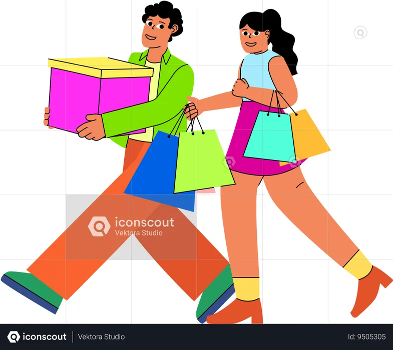 La pareja disfruta juntos de una vibrante experiencia de compras y lleva bolsas y una gran caja de regalo  Ilustración