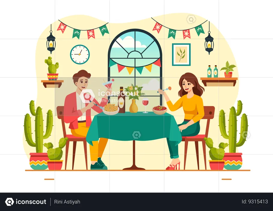 Pareja disfrutando de una cena en un restaurante de comida mexicana  Ilustración