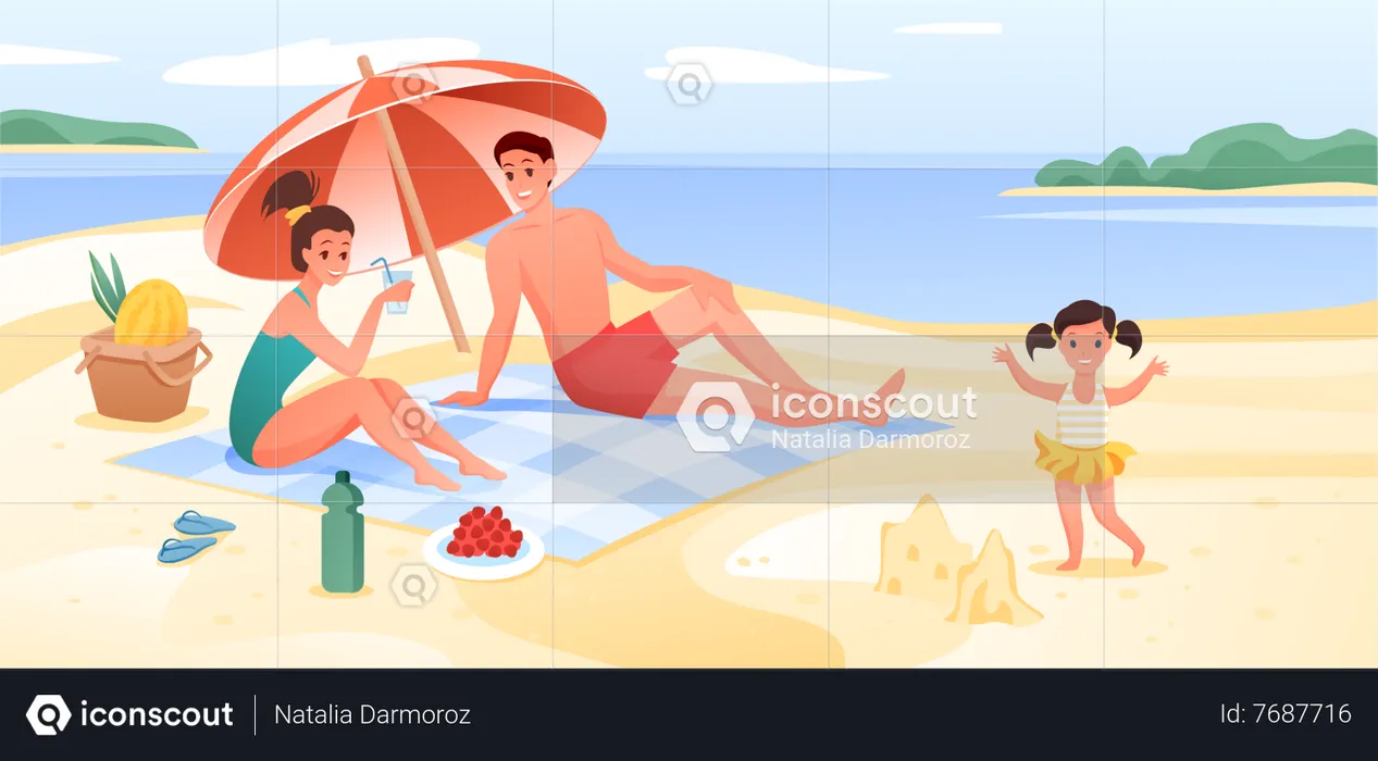 Pareja disfrutando de unas vacaciones en la playa  Ilustración