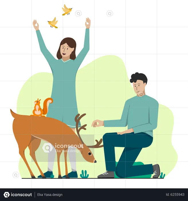 Pareja disfrutando en el bosque con ciervos  Ilustración