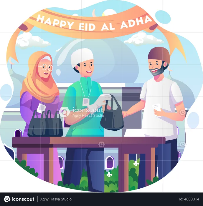 Pareja distribuye comida eid  Ilustración