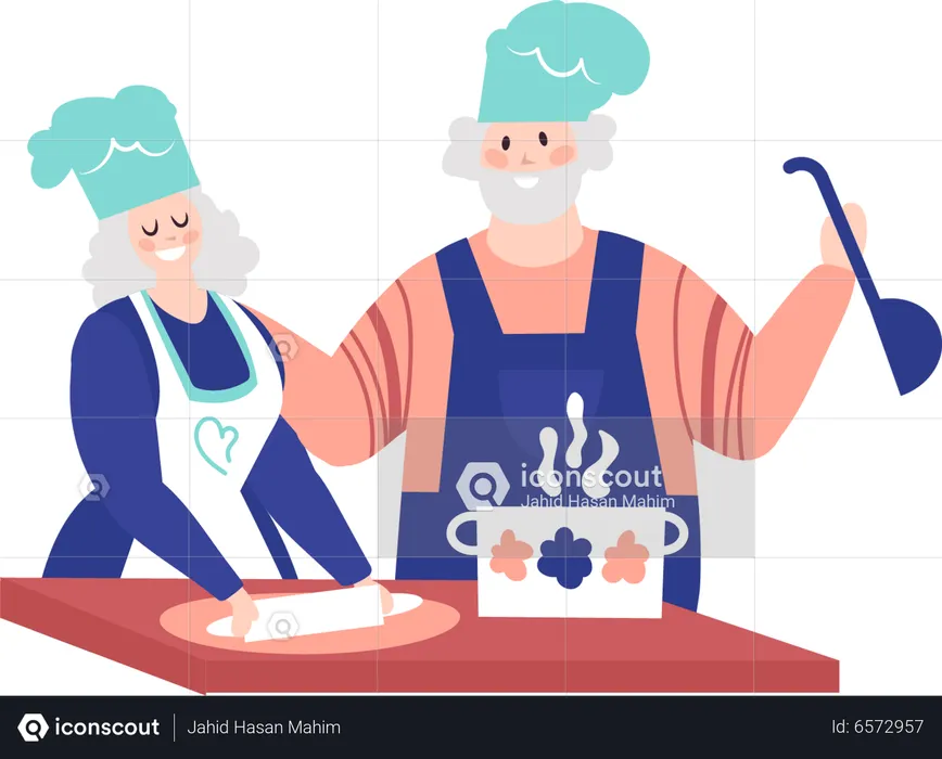 Pareja de ancianos cocinando  Ilustración