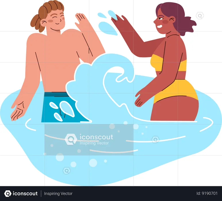 La pareja se está salpicando agua  Ilustración