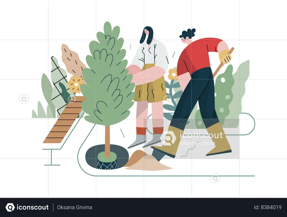 La pareja está haciendo jardinería  Ilustración