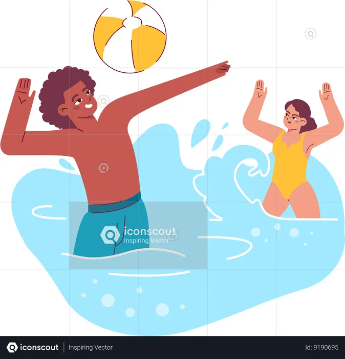 La pareja está jugando a la pelota en la piscina.  Ilustración