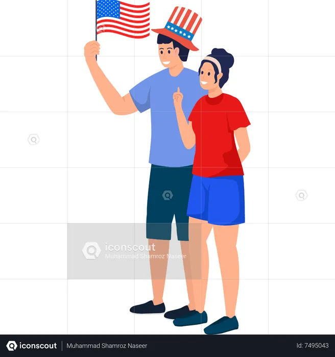 Pareja americana sosteniendo la bandera  Ilustración