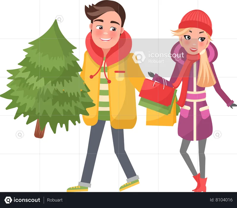 Feliz pareja haciendo compras navideñas  Ilustración