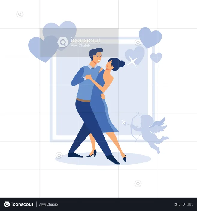 Pareja joven bailando en la actuación del día de San Valentín  Ilustración