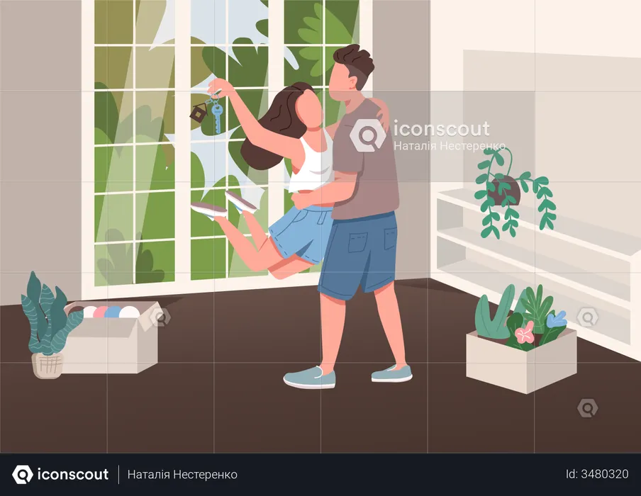 Pareja joven con llave de apartamento nueva  Ilustración