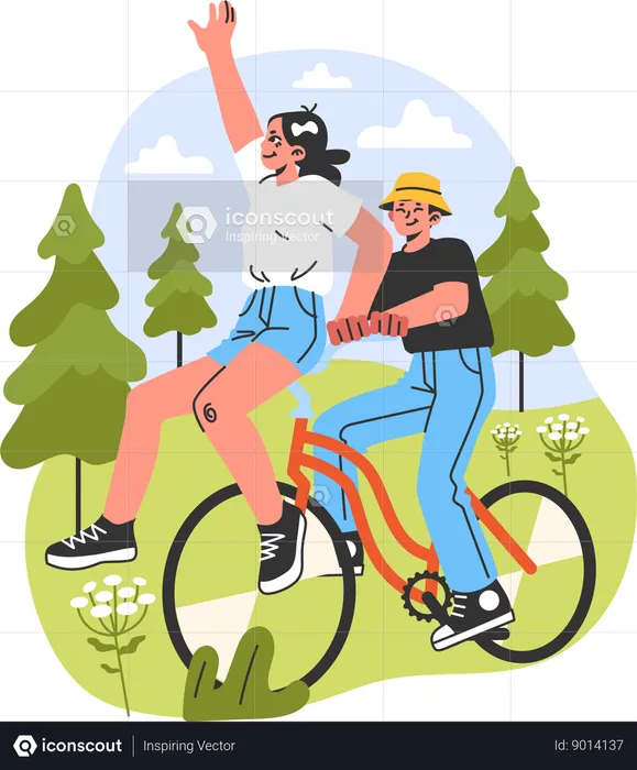 Pareja joven disfrutando de un paseo en bicicleta  Ilustración