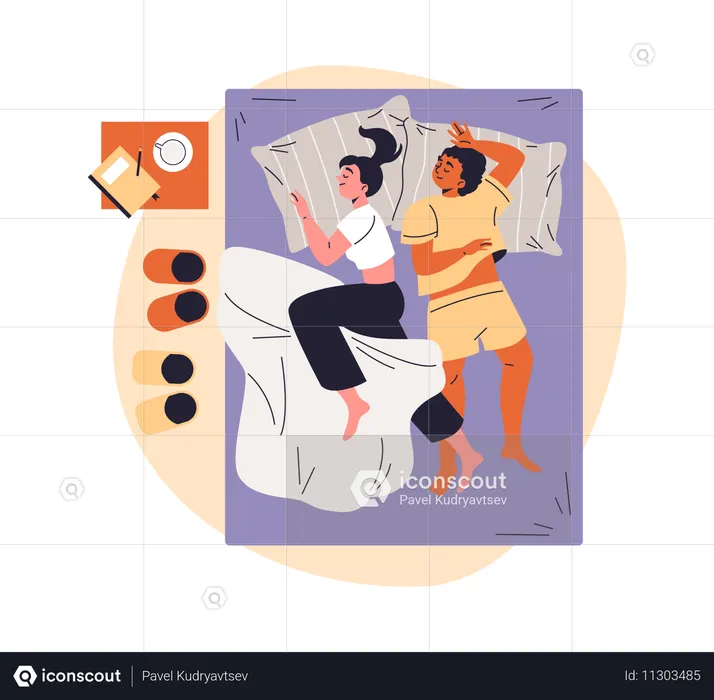 Pareja joven en pijama durmiendo en la cama  Ilustración