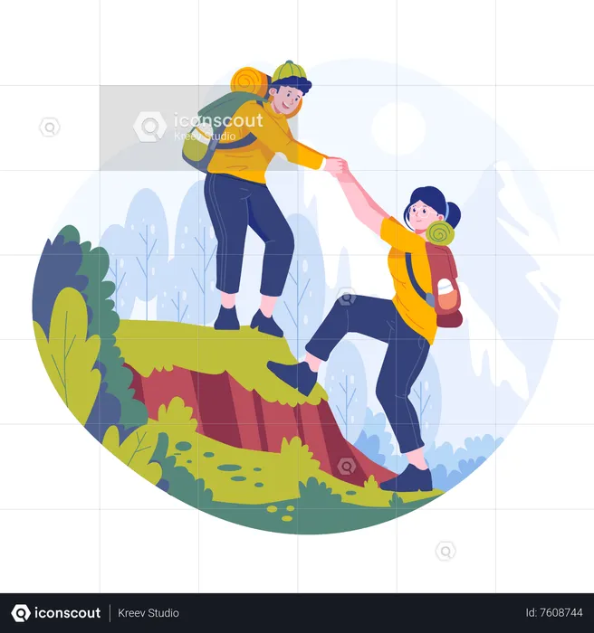 Una pareja joven está escalando una montaña juntos  Ilustración