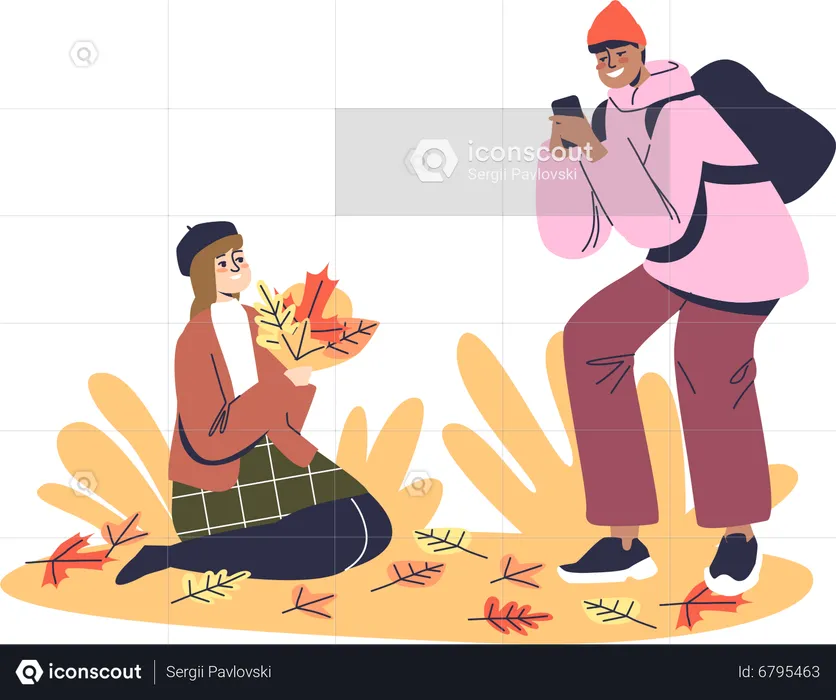Pareja joven tomando fotos en hojas de otoño en el parque  Ilustración