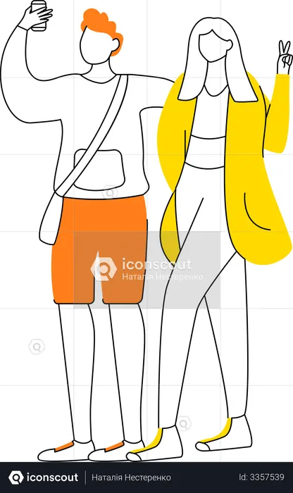 Pareja joven tomando selfie con teléfono inteligente  Ilustración